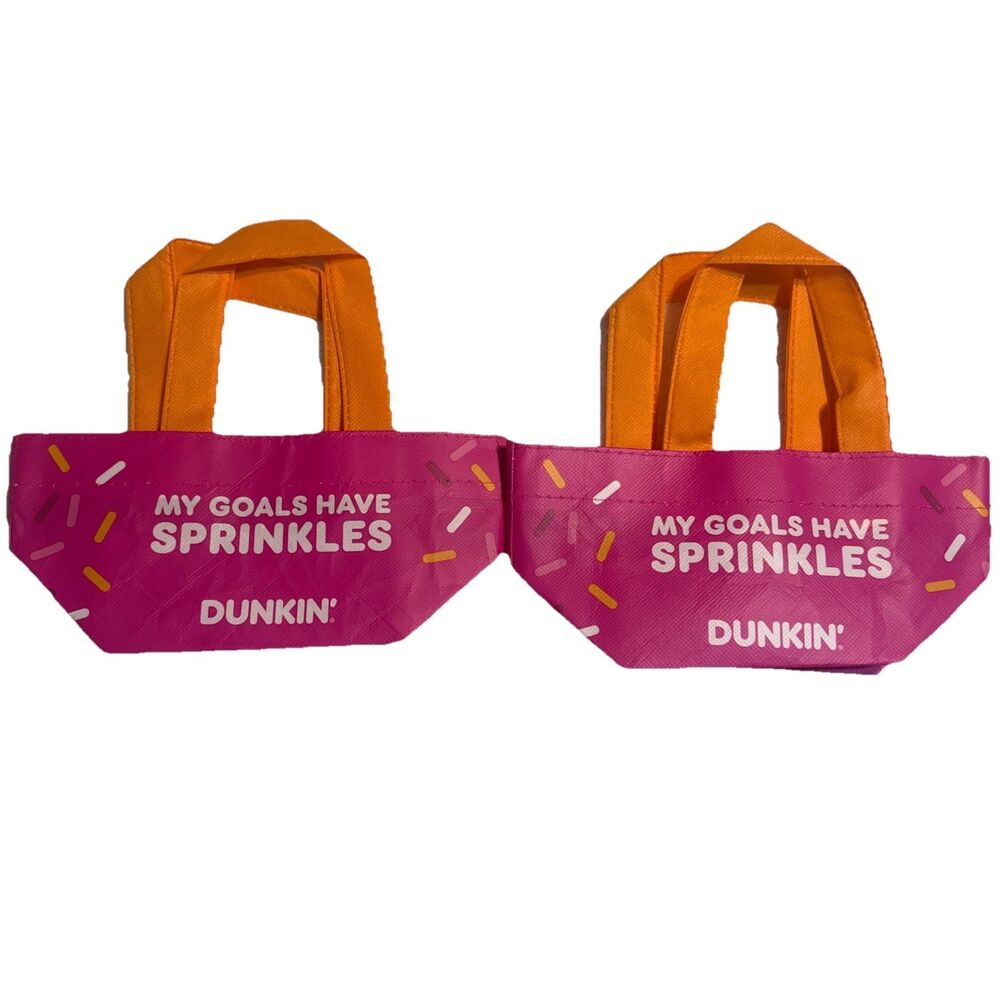 2x Dunkin Donuts Coffee “My Goals Have Sprinkles” Pink Tote Bag Set 8” Set NEW